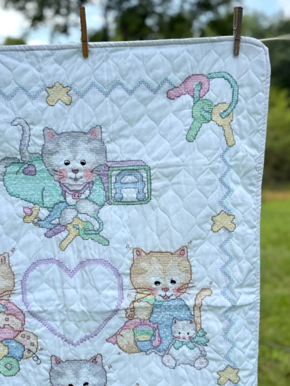 New 1990s Finished Baby Blanket Cross Stitch Kittens Cats Quilted Green Lining